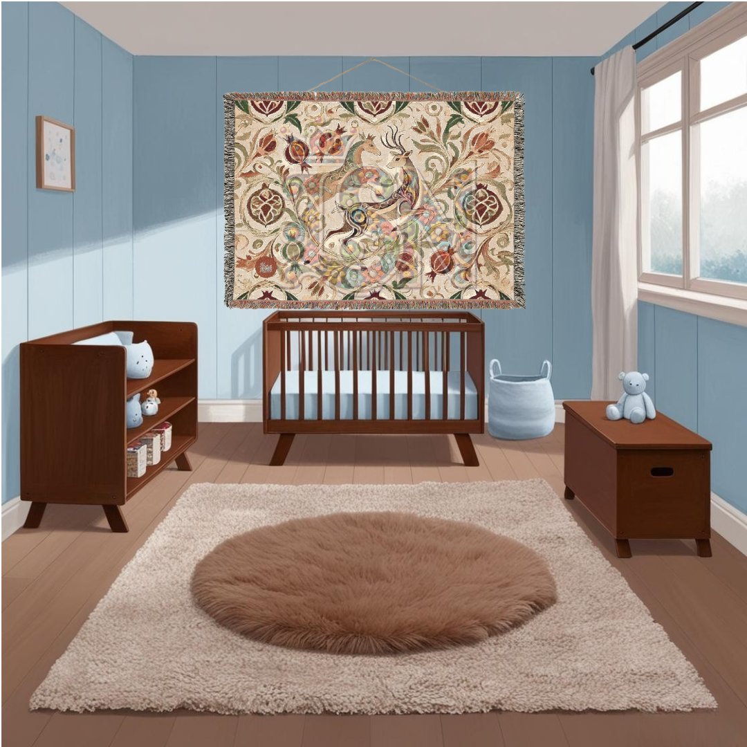 Regal Dance Crowned Stags & Pomegranates Woven Blanket – Noble Nature-Inspired Throw, Elegant Gift for Art Lovers
