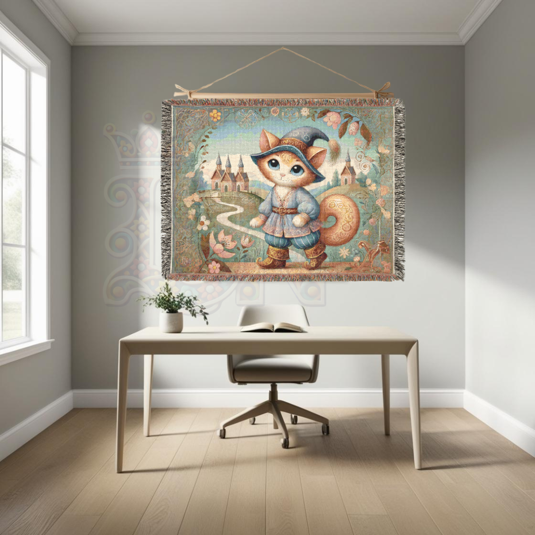 Whimsical Cat Woven Blanket – Fairytale Male Feline in Medieval Village | Cozy Storybook Tapestry Throw for Cottagecore & Boho Home Decor