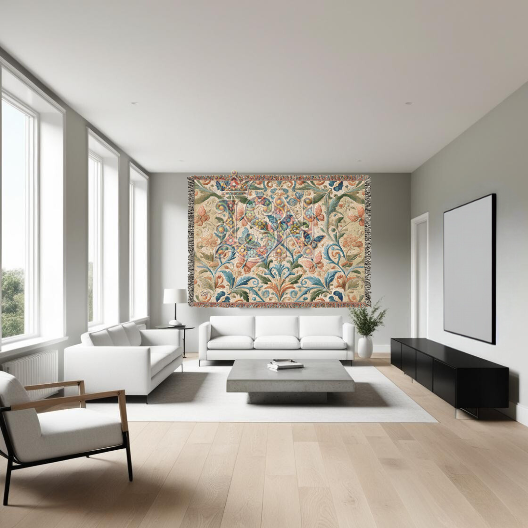 Fluttering Grace Pink & Blue Butterfly Folk Art Woven Blanket – Elegant Nature-Inspired Throw with Delicate Butterfly Motifs