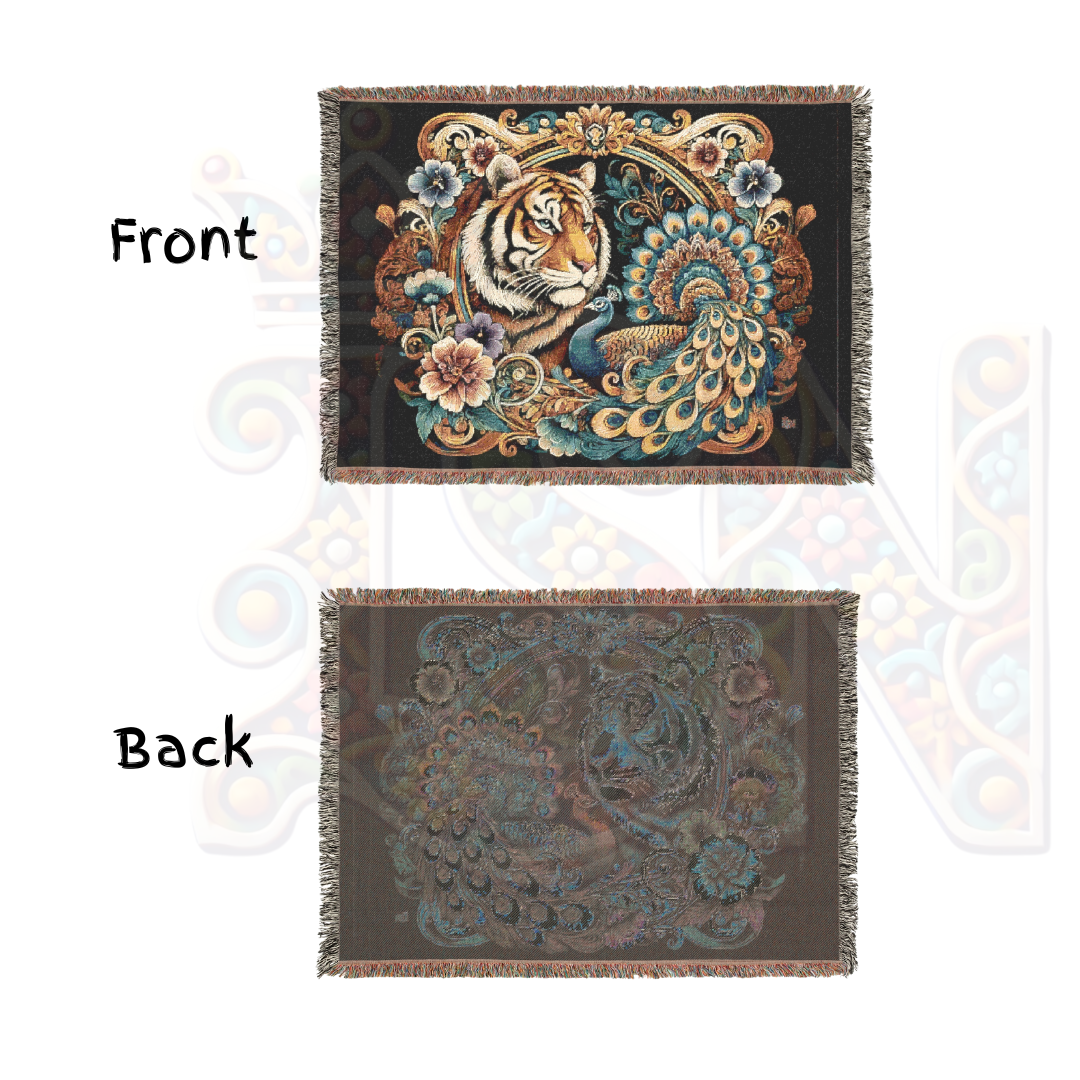 Tiger & Peacock Woven Blanket | Baroque Wildlife Cotton Tapestry | Maximalist Boho Throw | Regal Jungle Decor | Exotic Nature Gift