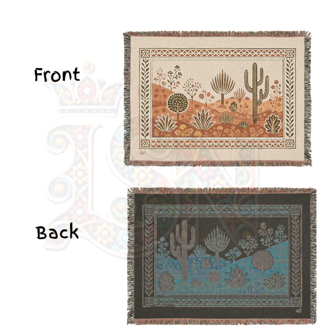 Desert Blooms Southwest Desert Flora Folk Art Woven Blanket – Nature-Inspired Cozy Throw, Southwestern Home Decor Gift