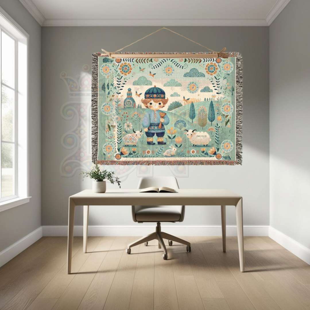 Little Boy Blue Folk Art Shepherd Woven Blanket – 100% Cotton Tapestry Throw – Cottagecore Boy with Sheep & Village Scene, Cozy Farmhouse Decor