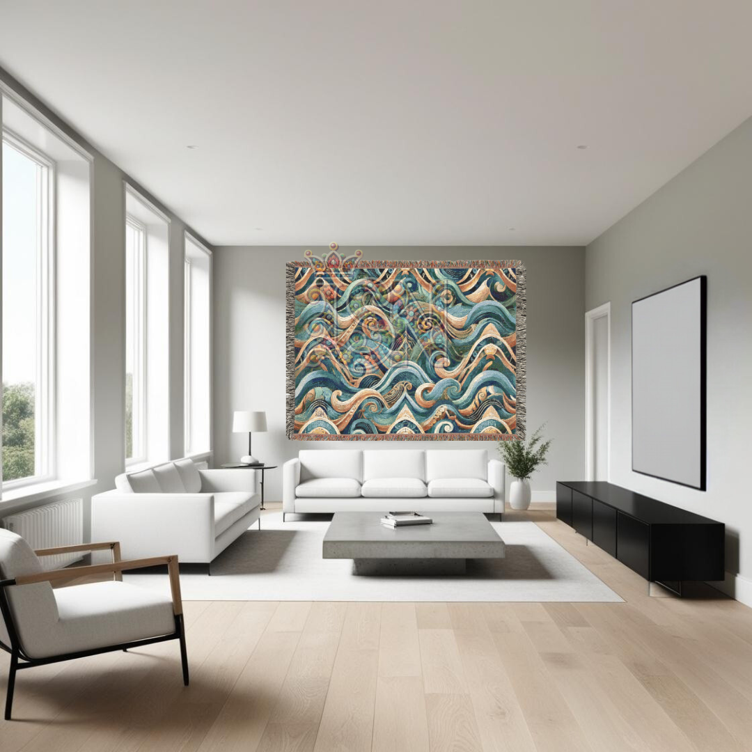 Abstract Ocean Waves Woven Throw Blanket – Tribal Inspired Cotton Tapestry