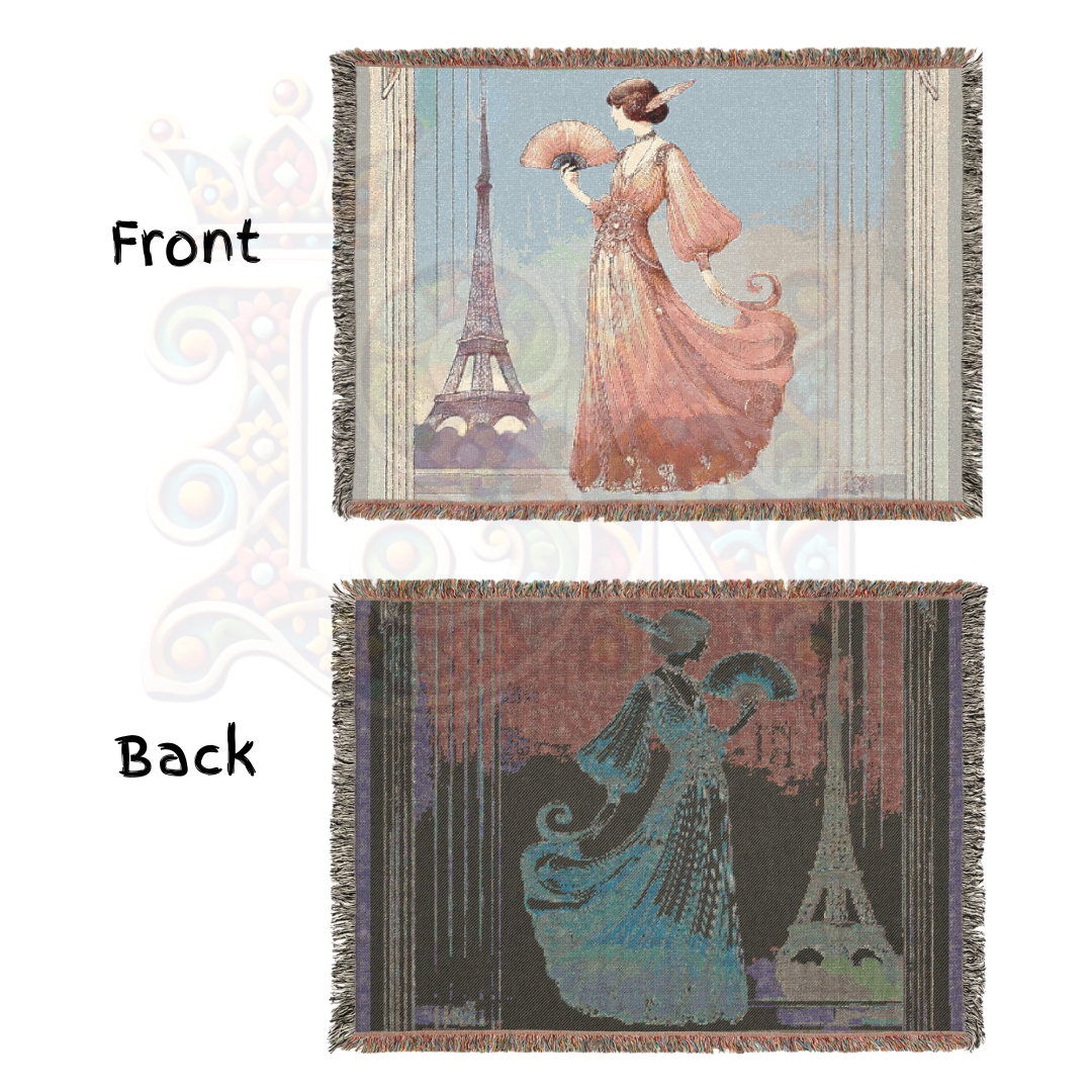 Art Deco Paris Woven Blanket 🇫🇷 100% Cotton Throw with Elegant Woman & Eiffel Tower – Vintage-Inspired Tapestry for Chic Home Décor