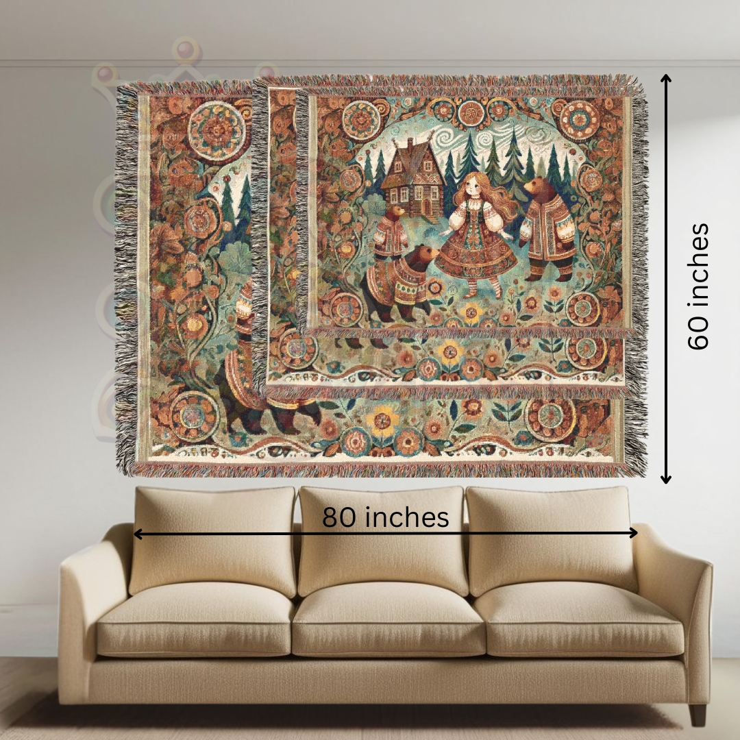 Goldilocks & Three Bears Woven Blanket – Cozy Folk Art Tapestry, 100% Cotton Fairytale Throw, Rustic Cottagecore Decor, Storybook Gift