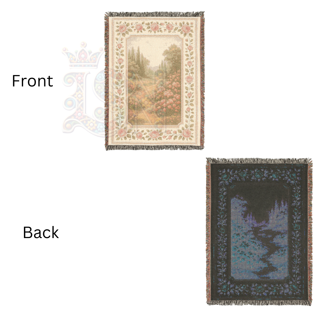 Whispering Rose Path – Fairycore Woven Blanket with Garden Path and Blooming Roses