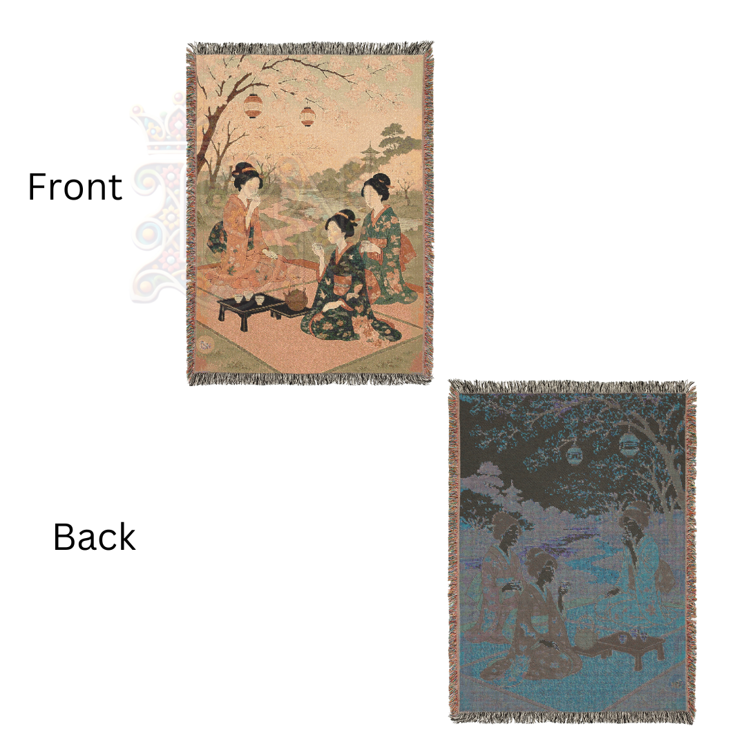 Blossom Gathering – Woven Blanket with Spring Picnic and Kimono-Clad Figures