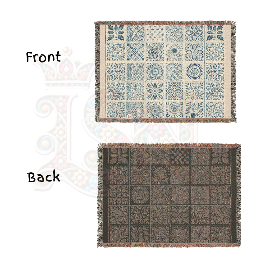 Heritage Tile Block Folk Art Woven Blanket – Classic Blue Tile Pattern Throw, Decorative Folk Art Home Accent