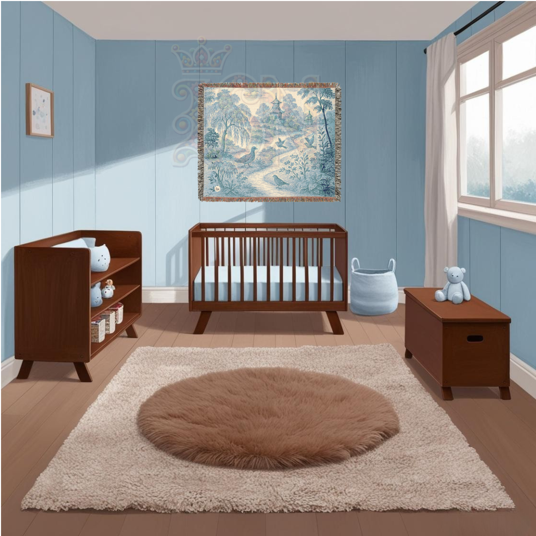 Pagoda Path Garden Woven Blanket – Blue Toile Tapestry Throw with Birds & Willow Trees – 100% Cotton Tranquil Landscape Wall Art