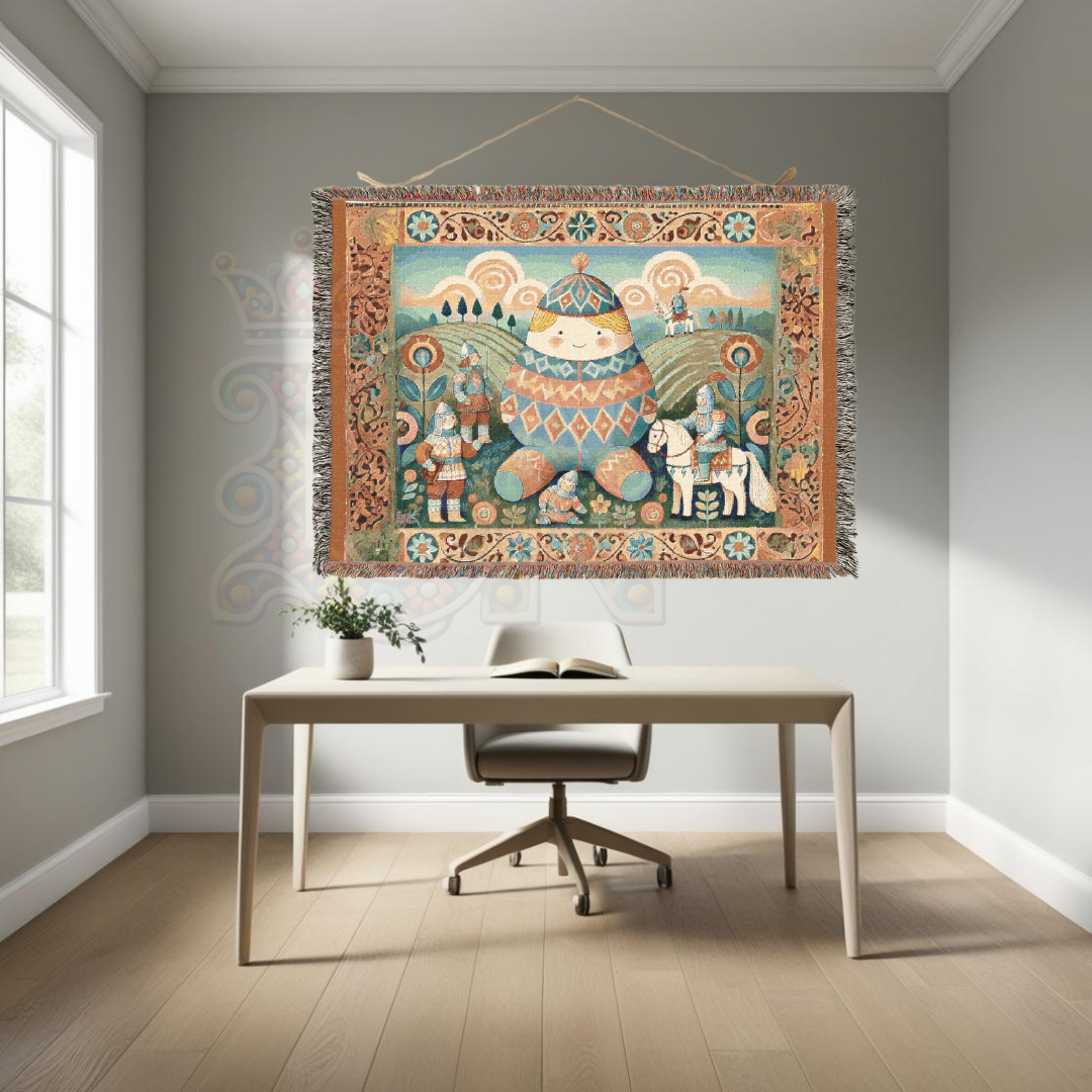 Humpty Dumpty & The Tiny Knights Woven Blanket, Fairytale Medieval Folk Art Throw – 100% Cotton Cozy Tapestry