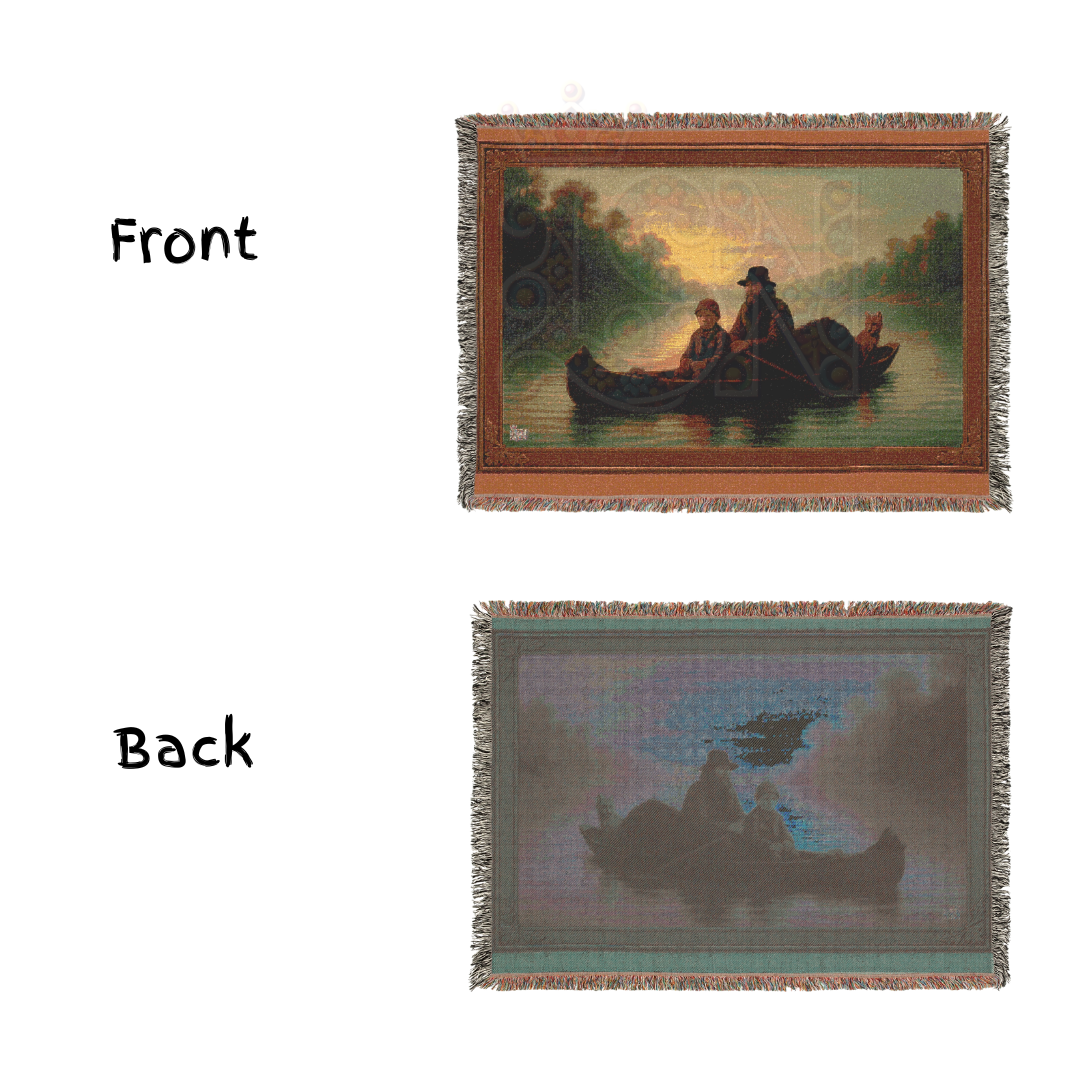 Evening Voyage – Folk Art Woven Throw Blanket with Canoe Scene