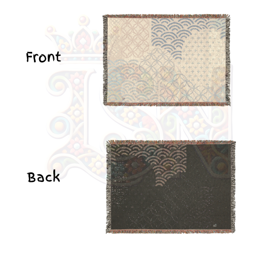 Heritage Tile Block Folk Art Woven Blanket Inspired by Japanese Motifs – Classic Blue Tile Pattern Throw, Decorative Folk Art Home Accent