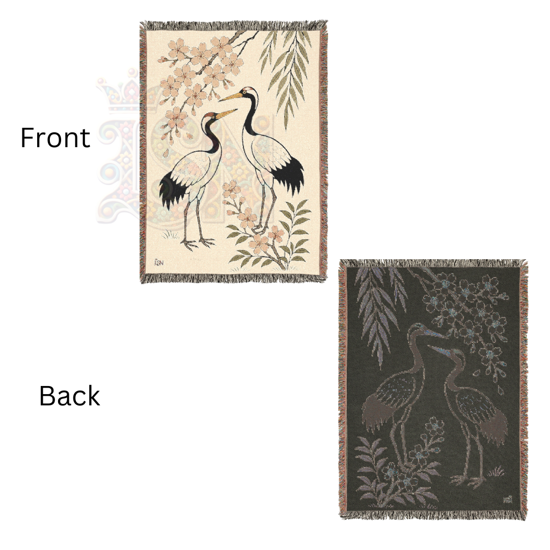 Dance of the Cranes – Woven Blanket with Folk Cranes and Cherry Blossoms