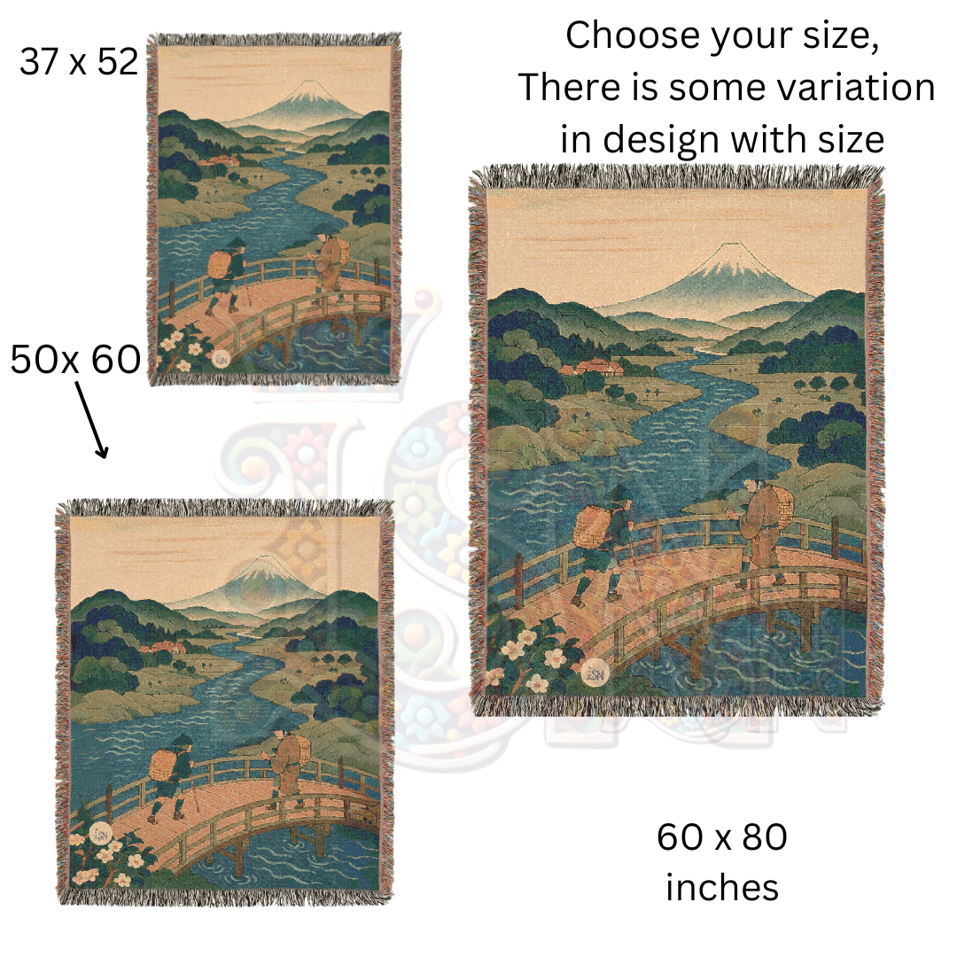 Bridge to the Mountain – Japanese Ukiyo-e Style Woven Blanket with River and Travelers