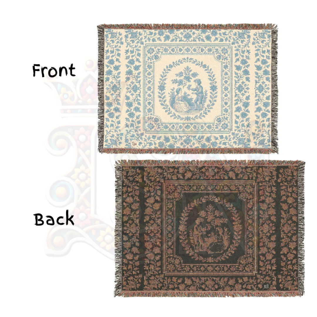 French Country Toile Woven Blanket – Blue & Cream Cotton Throw for Bed, Sofa or Wall Art – Romantic Tapestry Blanket Décor