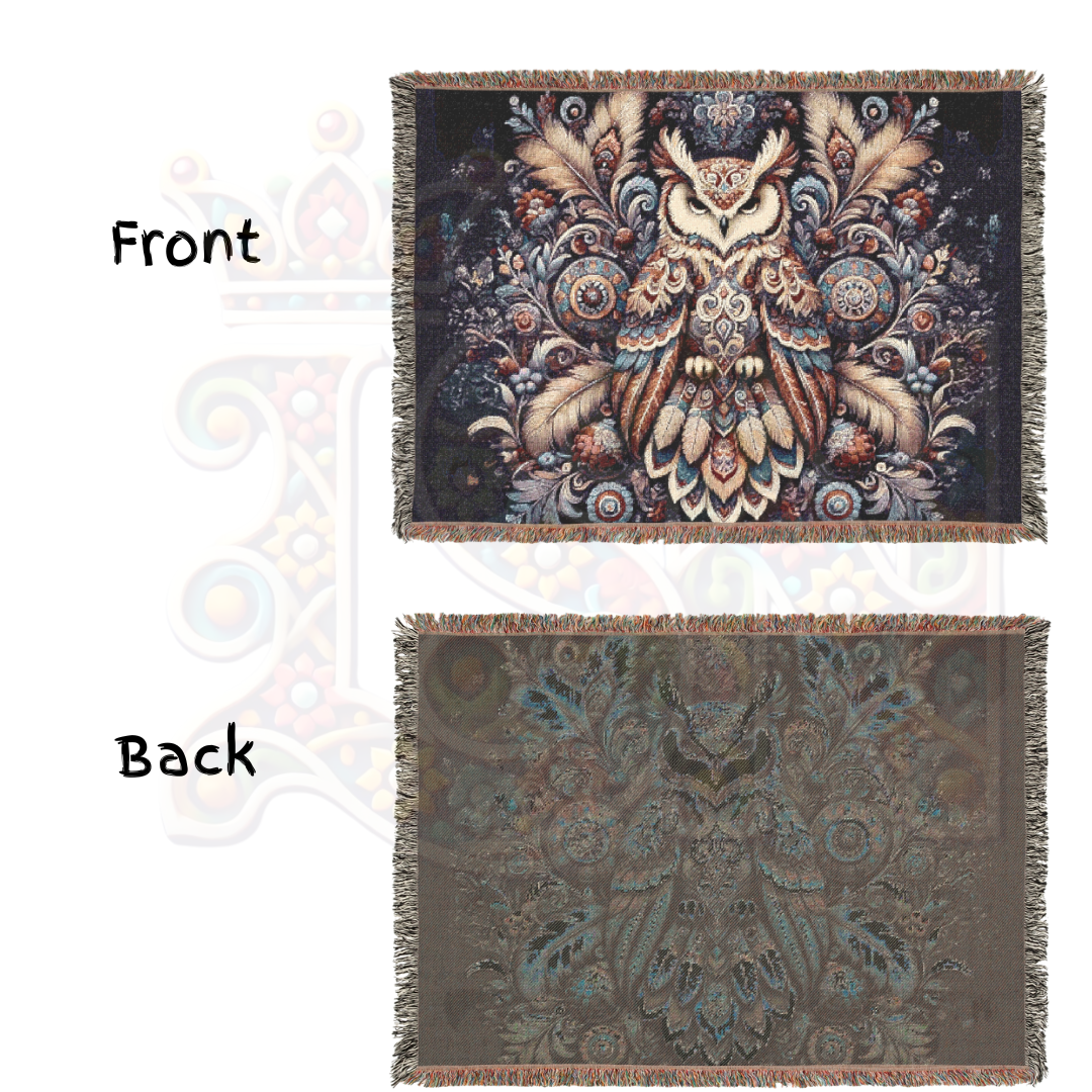 Boho Owl Woven Blanket – Forest Throw, 100% Cotton, Native American Folk-Inspired Home Decor, Cozy Woodland Gift