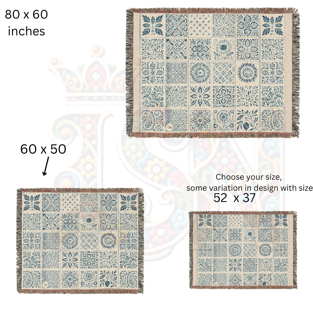 Heritage Tile Block Folk Art Woven Blanket – Classic Blue Tile Pattern Throw, Decorative Folk Art Home Accent