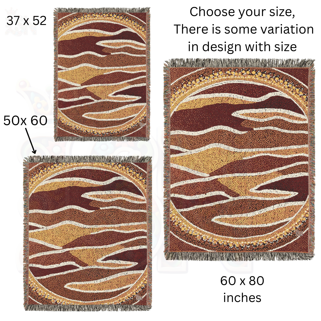 Australian Art-Inspired Woven Blanket – Earthy Tribal Tapestry with Nature Motifs