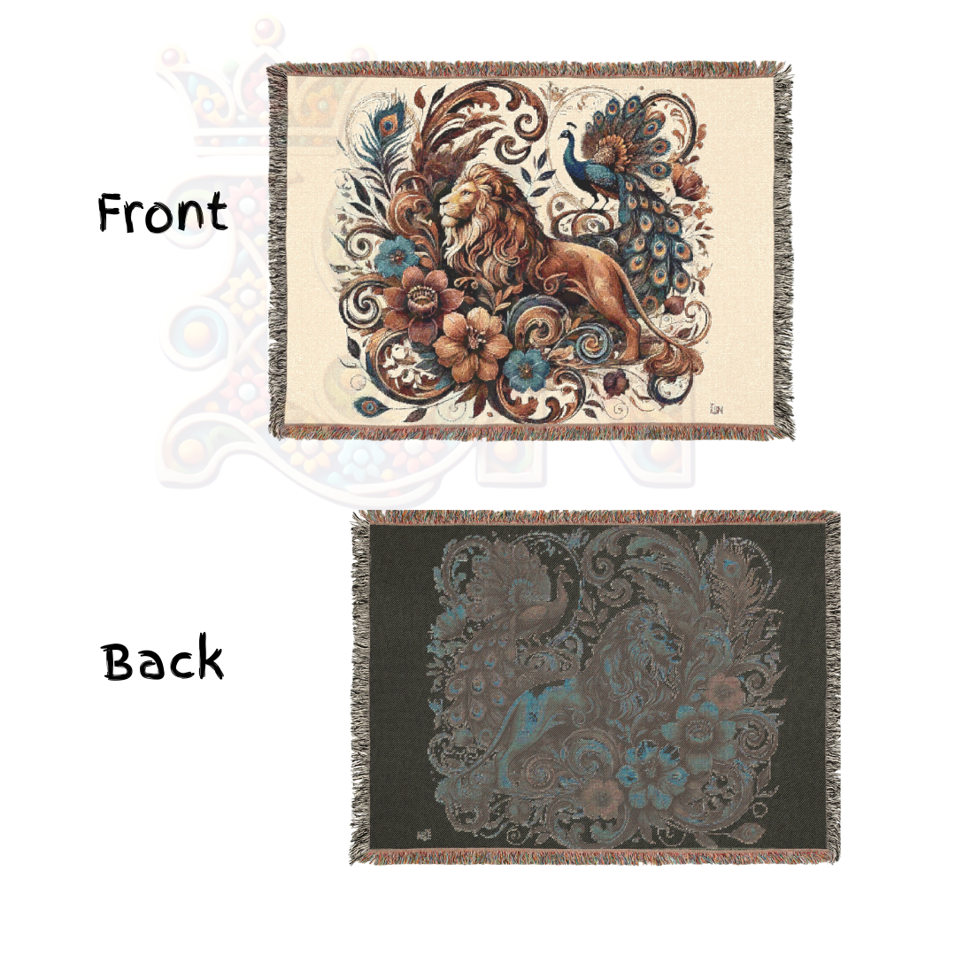 Regal Companions – Woven Blanket with Baroque Lion, Peacock & Floral Scrolls