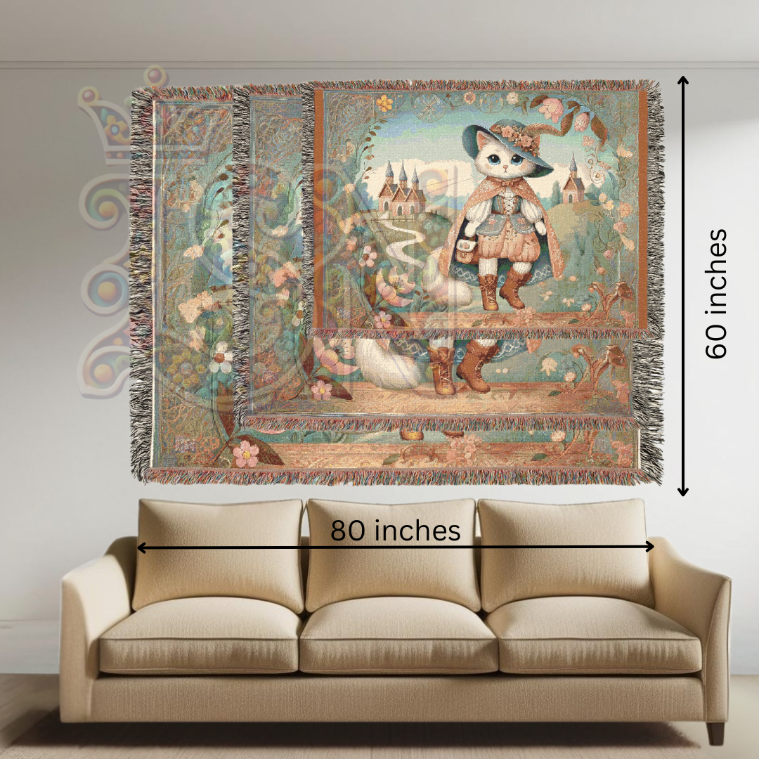 Whimsical Puss in Boots Cat Blanket – Fairytale-Inspired Tapestry Throw, Cottagecore Home Decor, Storybook Cozy Gift for Cat Lovers