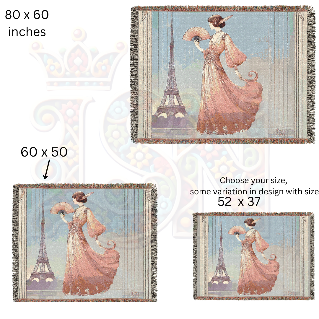 Art Deco Paris Woven Blanket 🇫🇷 100% Cotton Throw with Elegant Woman & Eiffel Tower – Vintage-Inspired Tapestry for Chic Home Décor