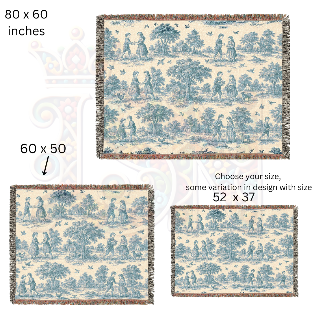 French Toile Woven Blanket – Blue & Cream Pastoral Scene Throw or Tapestry with Repeating Vintage Vignettes – 100% Cotton Cozy Decor