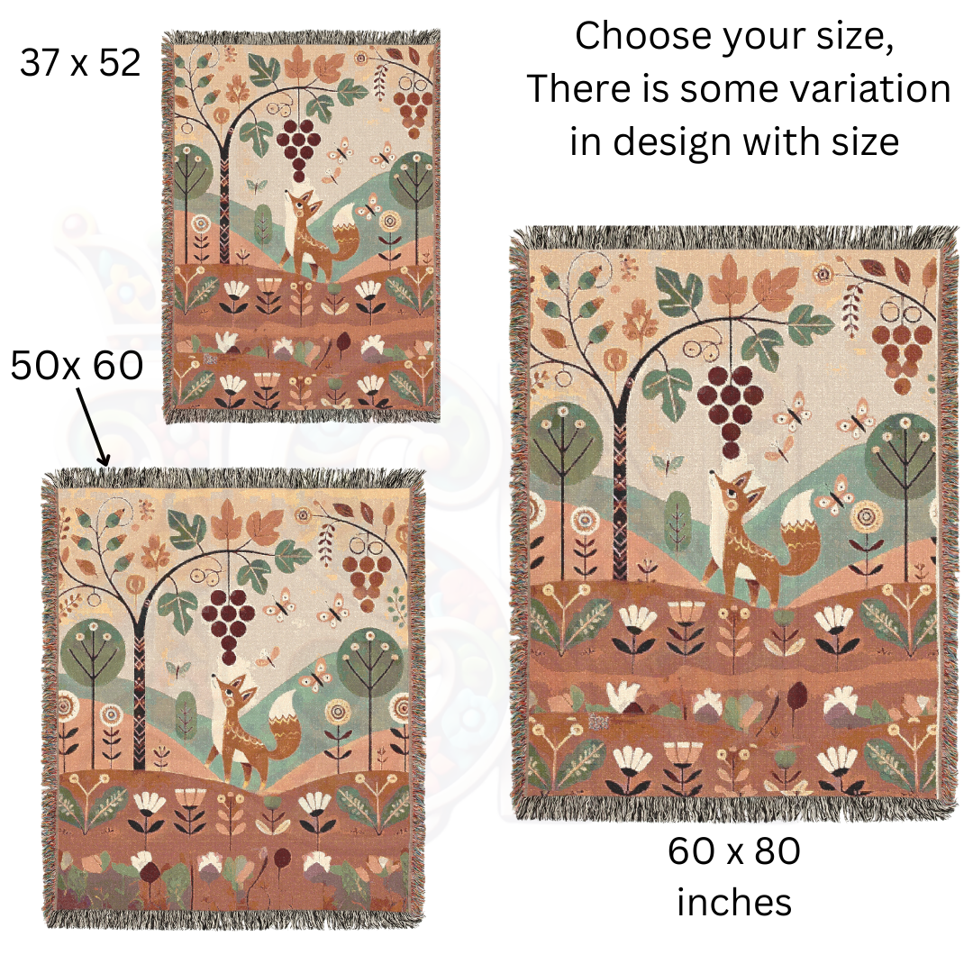 Folk Art Fox and Grapes Woven Blanket – 100% Cotton Throw for Cozy Woodland Decor