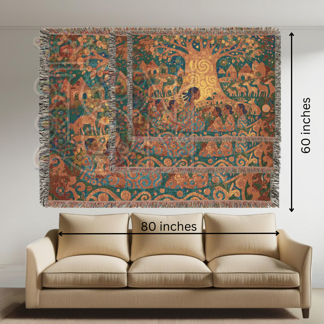 The Tree That Taught the Village – African Folk Art Woven Blanket, Story Throw, Cultural Gift, Nature-Inspired Textile for Home Decor & Learning Spaces