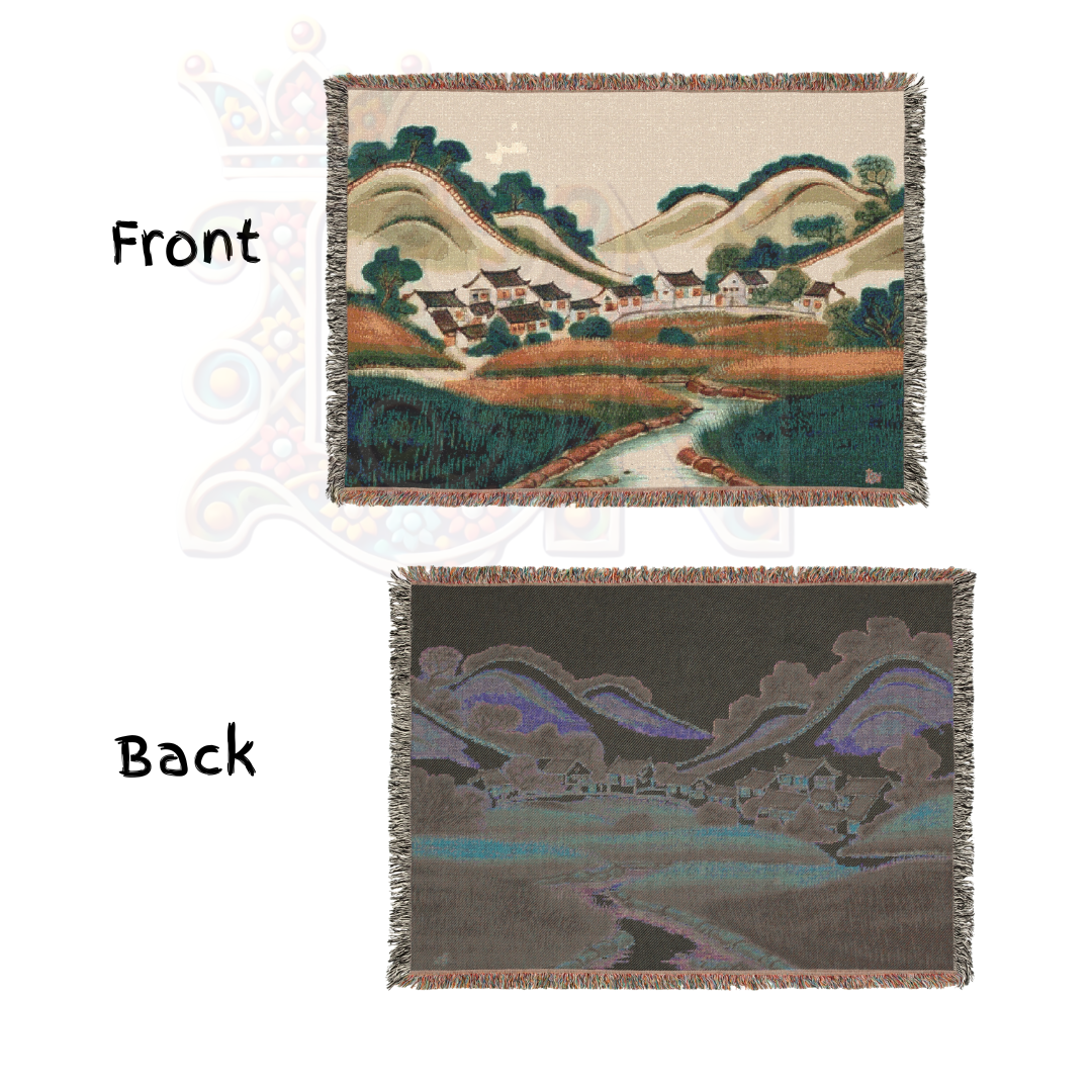 Valley of Harmony – Asian Korean Landscape Woven Blanket with Hillside Village Scene