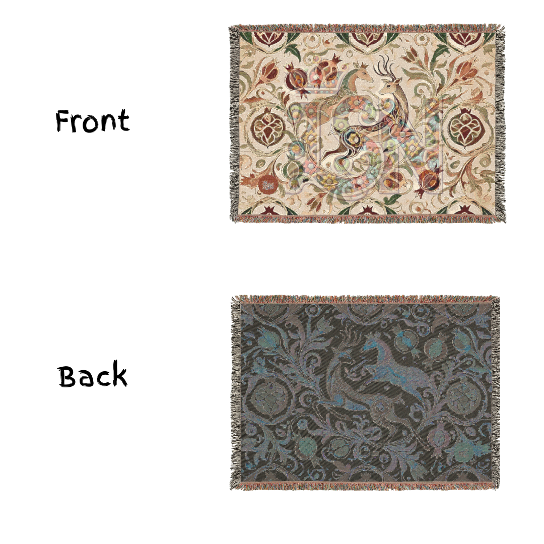 Regal Dance Crowned Stags & Pomegranates Woven Blanket – Noble Nature-Inspired Throw, Elegant Gift for Art Lovers