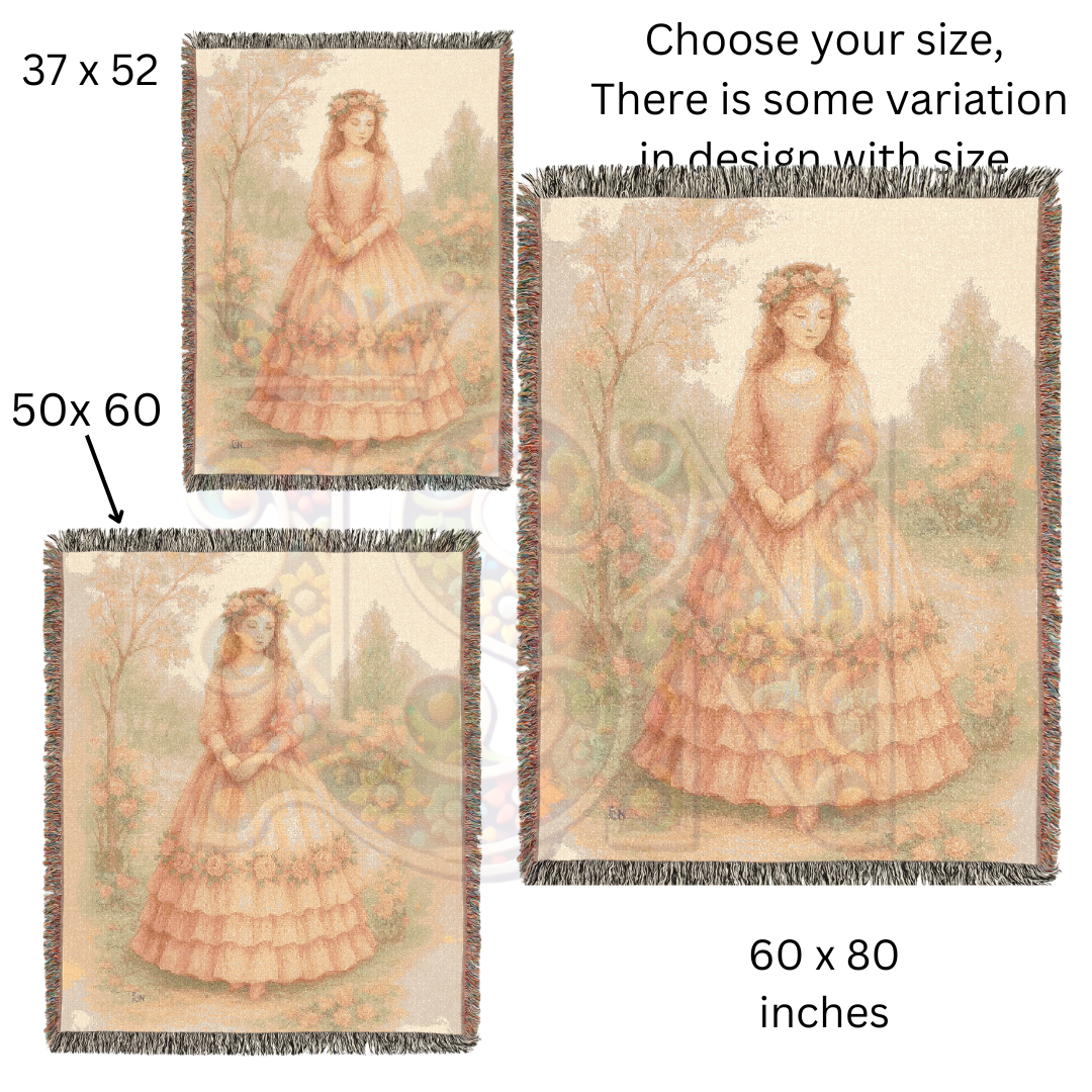 Dreaming Fairy Maiden – Fairycore Woven Blanket with Soft Pastel Floral Garden
