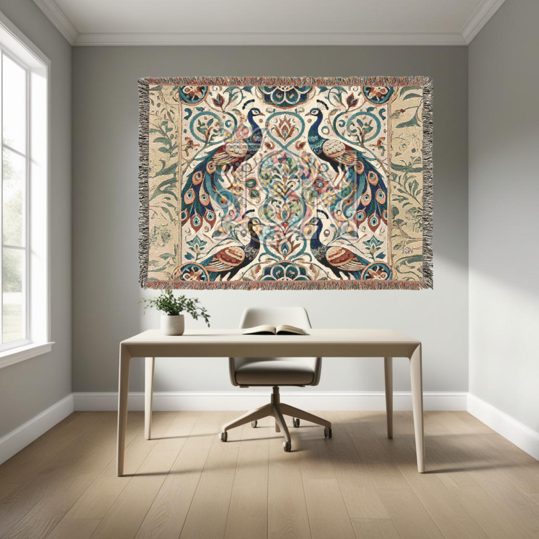 Elegant Peacock Pair Folk Art Woven Blanket – Timeless Beauty & Grace Throw