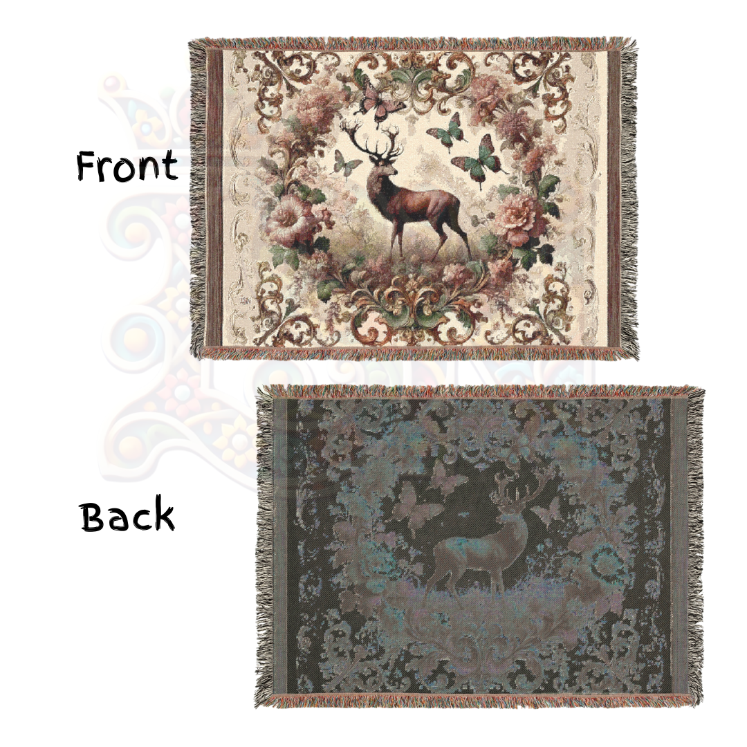 Vintage Deer Woven Blanket - 100% Cotton Throw | Regal Stag & Butterflies Tapestry | Victorian Baroque Nature Decor | Elegant Rustic Charm