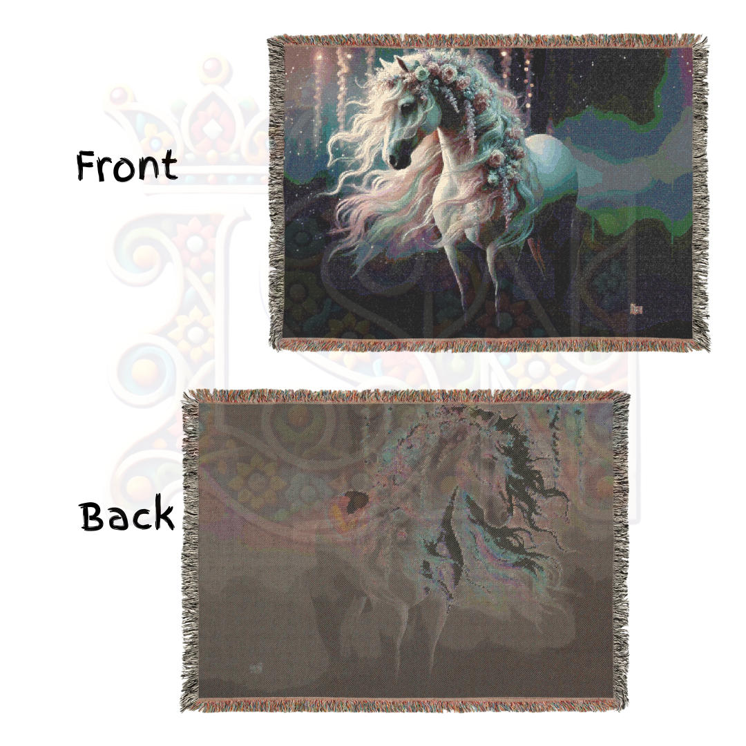 Magical Horse Woven Blanket – Fantasy Tapestry Throw – Mystical Horse with Floral Mane – Fairy Tale-Inspired Decor – Cozy Cottagecore & Gothic Aesthetic