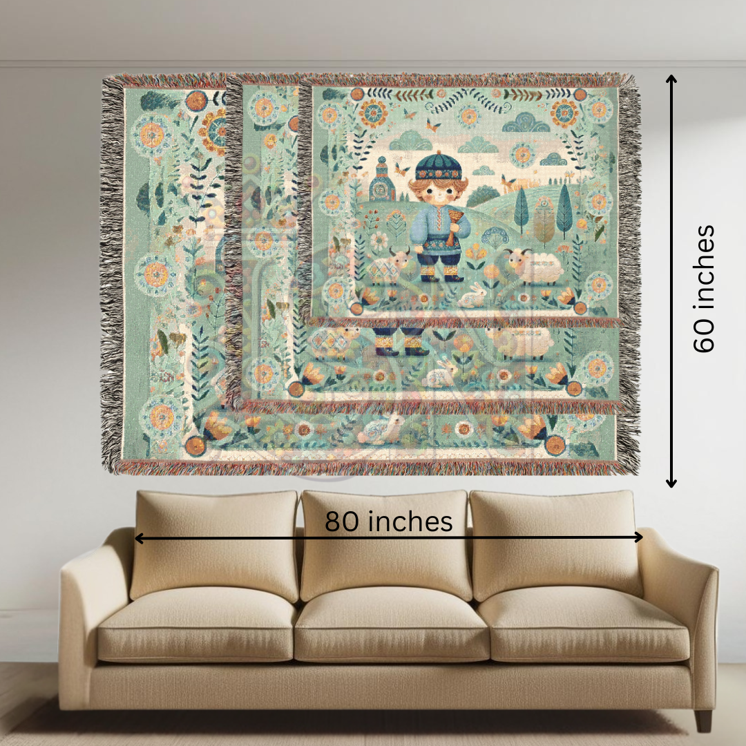 Little Boy Blue Folk Art Shepherd Woven Blanket – 100% Cotton Tapestry Throw – Cottagecore Boy with Sheep & Village Scene, Cozy Farmhouse Decor