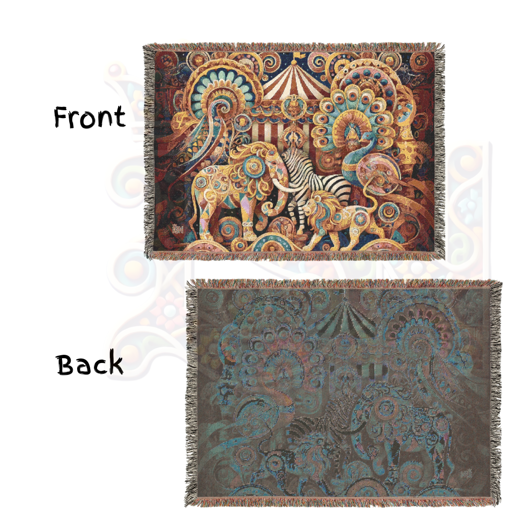 Vintage Circus Woven Blanket – Carnival-Inspired Throw, Boho Animal Tapestry, Ornate Elephant & Peacock Blanket, Whimsical Fairground Decor