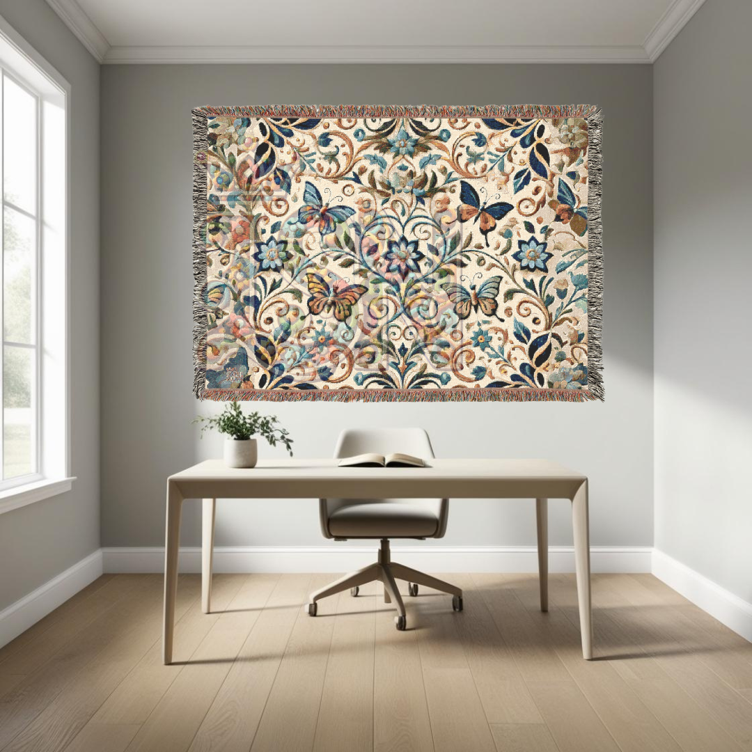 Garden Whispers Blue Butterfly Folk Art Woven Blanket – Serene Nature-Inspired Throw with Elegant Butterflies & Floral Motifs