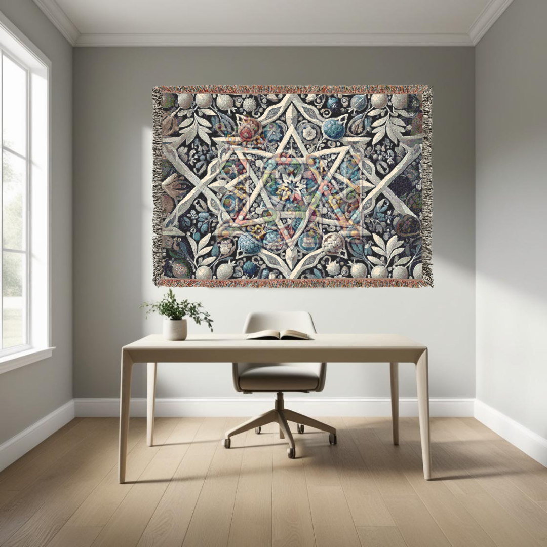 Star of David Woven Throw Blanket – Pomegranate & Floral Jewish Heritage Tapestry