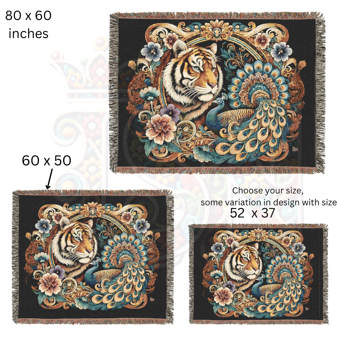 Tiger & Peacock Woven Blanket | Baroque Wildlife Cotton Tapestry | Maximalist Boho Throw | Regal Jungle Decor | Exotic Nature Gift