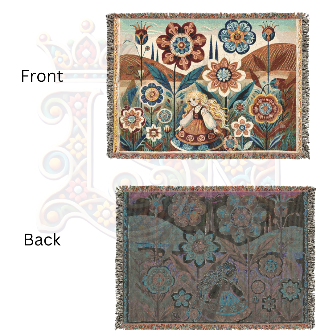 Folk Art Woven Blanket – Golden-Haired Maiden in an Enchanted Floral Field | Boho Nordic Storybook Tapestry Throw for Cozy Home Decor