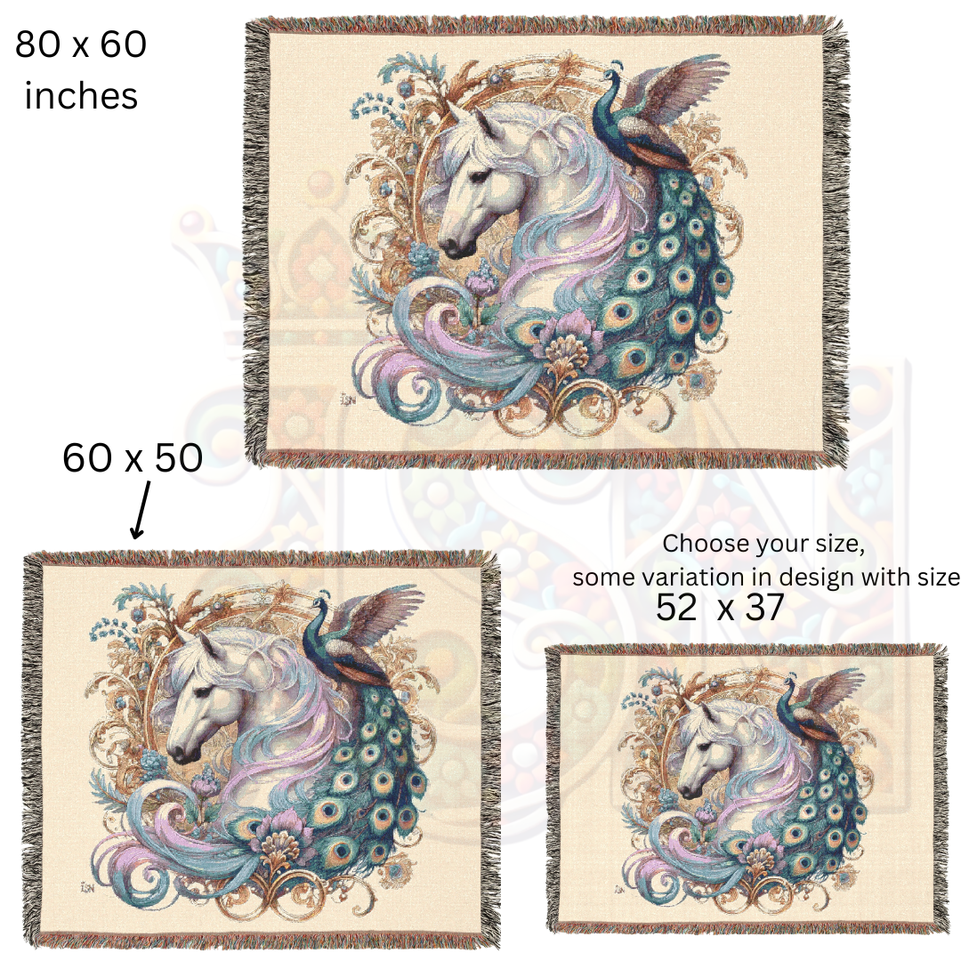 White Horse & Peacock Woven Blanket – 100% Cotton Tapestry Throw in White – Elegant Boho Decor, Cozy Art Blanket, Unique Gift, Luxury Home Accent