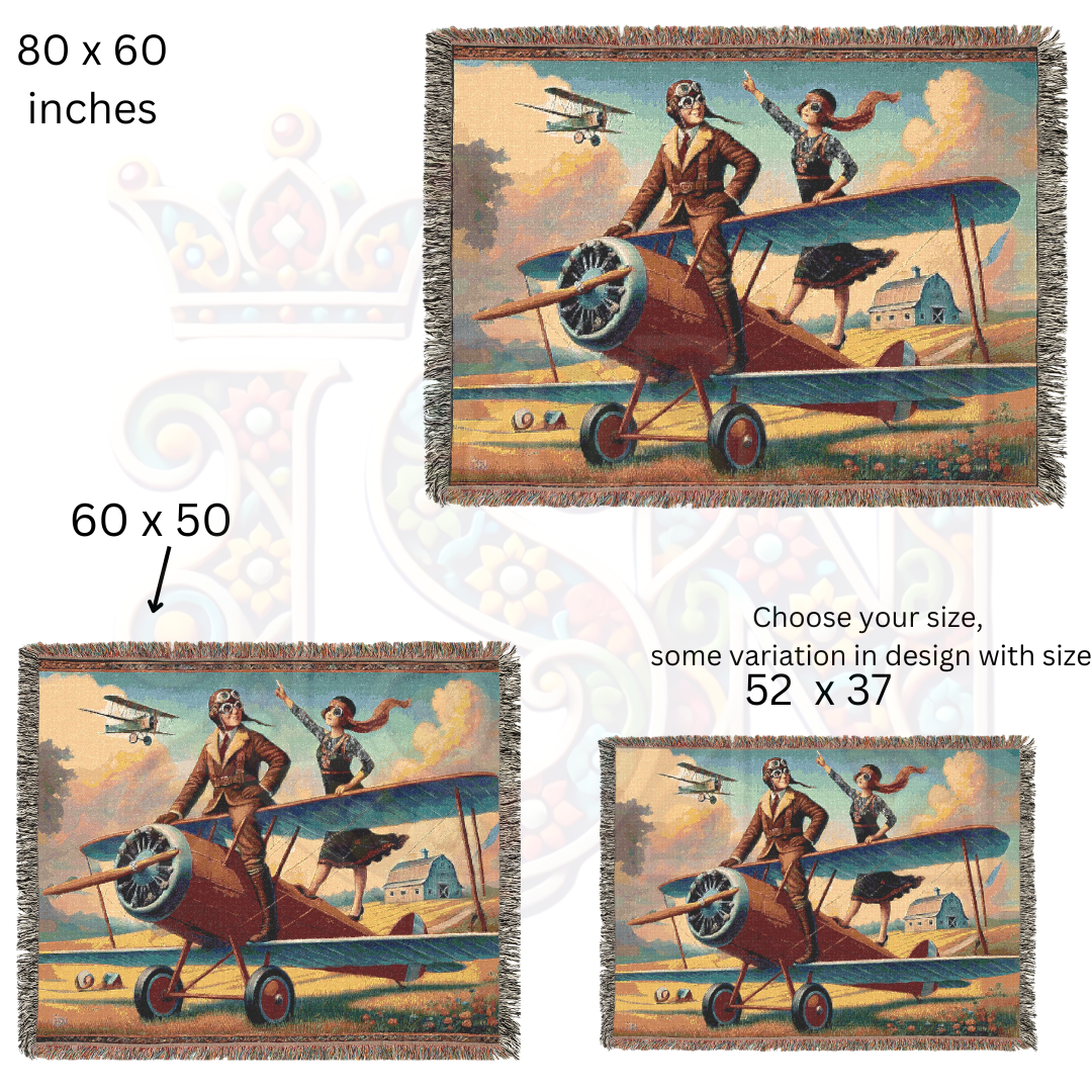 Vintage Aviation Woven Blanket - 100% Cotton Barnstormer Tapestry - Pilot Adventure Throw - Retro Flight Home Decor & Gift