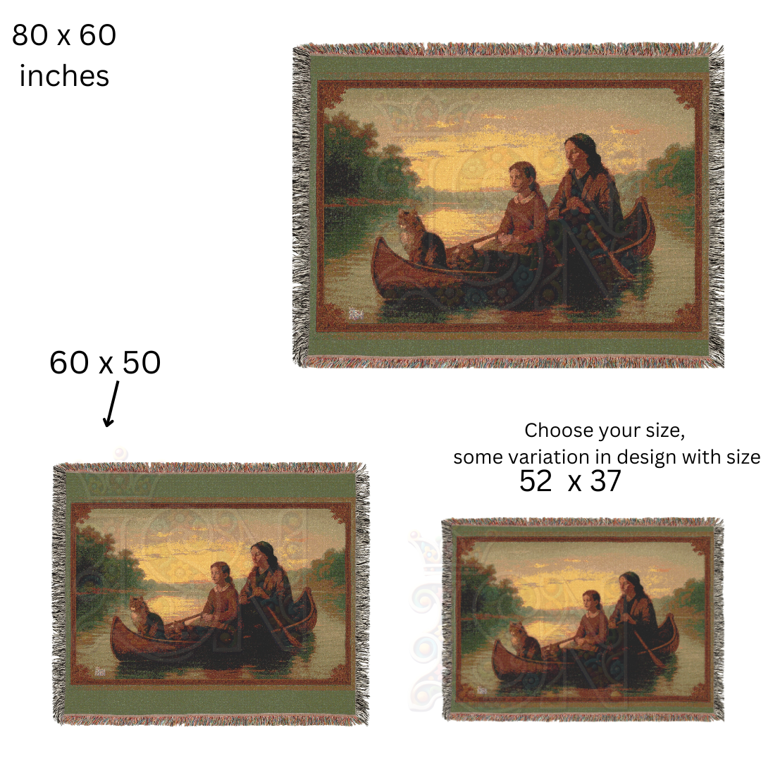 The Journey Home – Frontier Canoe Woven Blanket, Folk Art Throw Featuring Mother, Daughter & Cat at Sunset