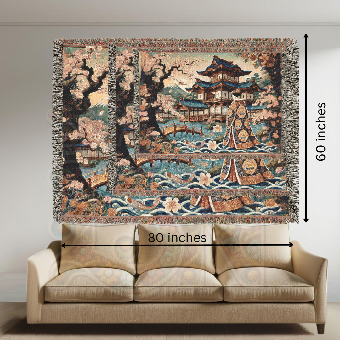 Japanese Garden Kimono Blanket – Cherry Blossom Art Throw, Elegant Asian-Inspired Home Décor