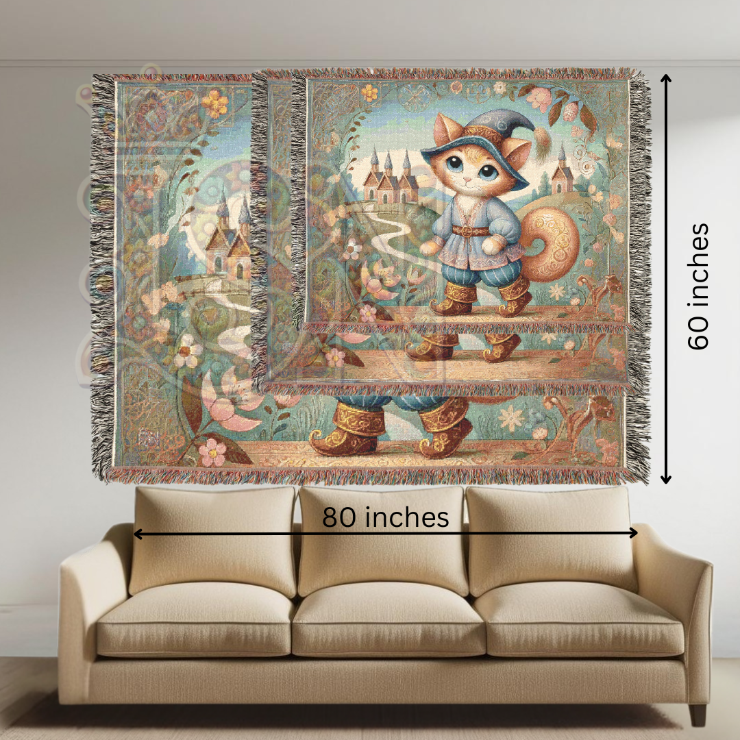 Whimsical Cat Woven Blanket – Fairytale Male Feline in Medieval Village | Cozy Storybook Tapestry Throw for Cottagecore & Boho Home Decor