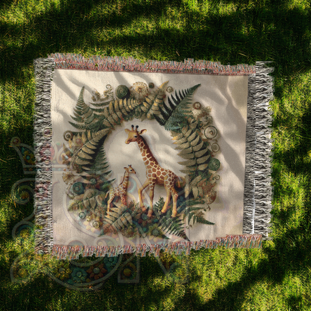 Safari Woven Blanket – Giraffe & Fern Tapestry – Botanical Jungle Throw – African Wildlife Nature Decor – Cozy Boho Safari Home Accent