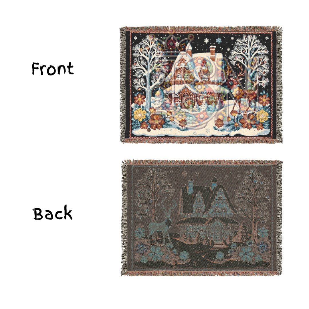 Enchanted Winter Cottage Whimsical Folk Art Snow Scene Woven Blanket – Cozy 100% Cotton Throw