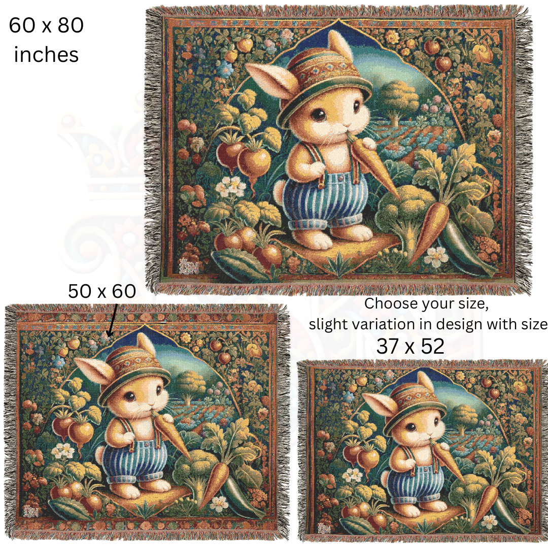 100% Cotton Woven Blanket - Male Bunny Eating Carrot Garden Patch