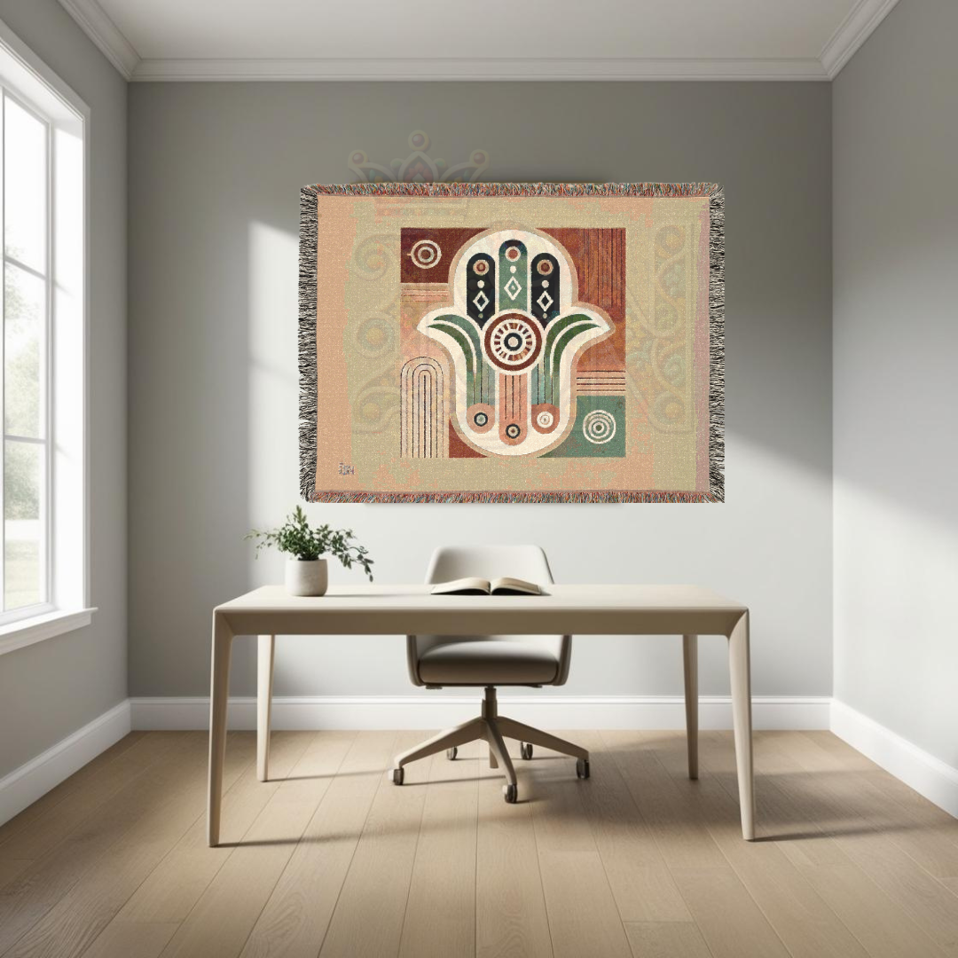 Hand Hamsa Folk Art Woven Blanket – Symbolic Hand of Protection & Peace Throw