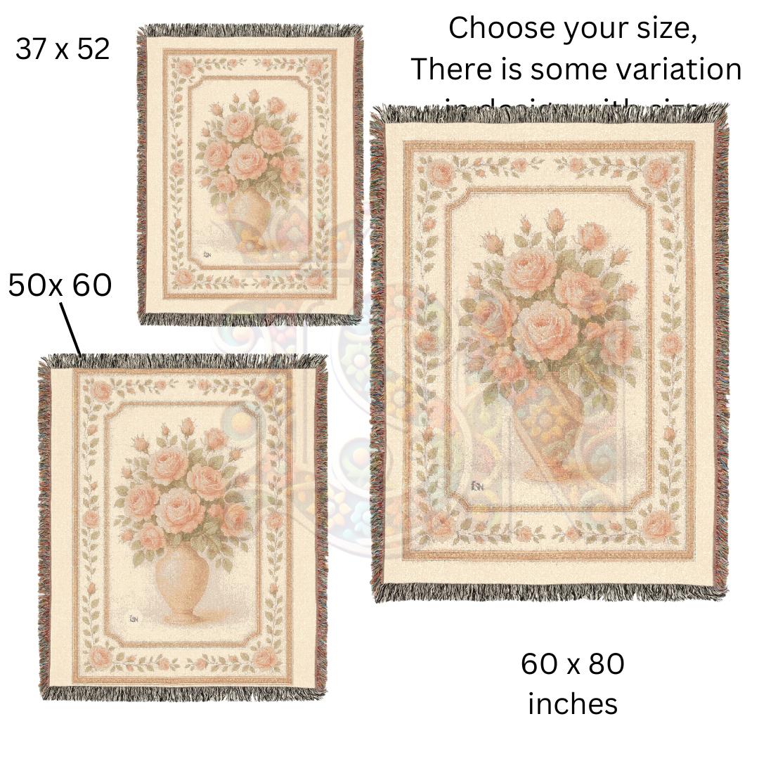 Rose Vase Reverie Fairycore Woven Blanket – Vintage Floral Throw